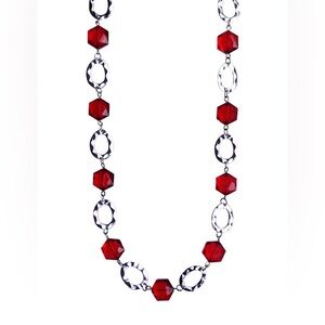 Red glass bead and silver hammered link necklace, long fashion red necklace  New